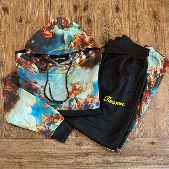 GUC Reason Men’s Summer Track Suit Hoodie and Joggers Black w/Da Vinci prints - Picture 2 of 11
